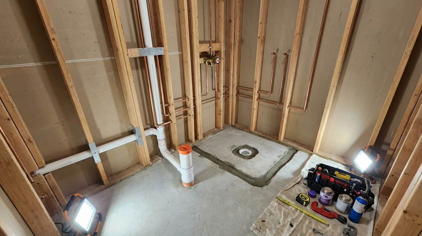 Bathroom rough-in plumbing during remodel by Johns Plumbing LLC in Belchertown