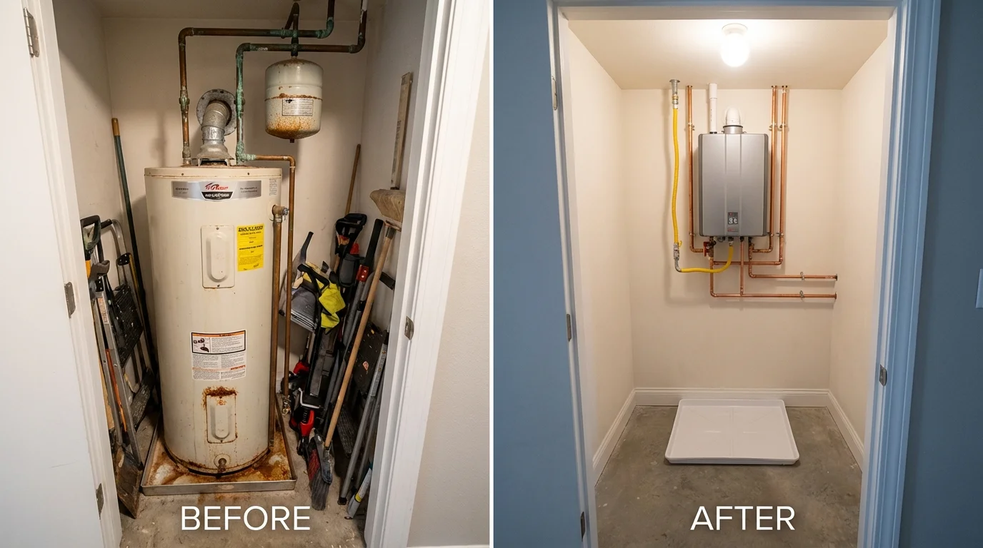Tank water heater versus wall-mounted tankless unit comparison for Belchertown, MA homeowners