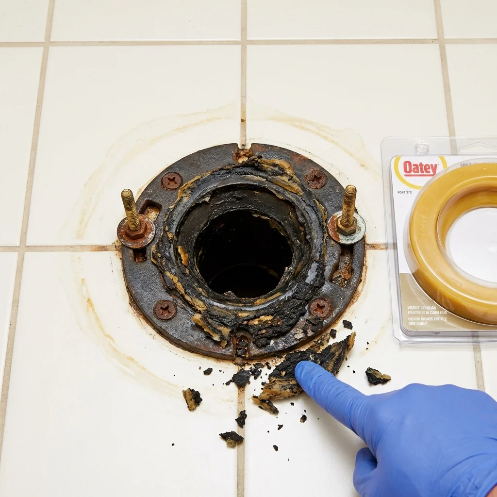 Failed wax ring showing water seepage at the base of a toilet in a Belchertown, MA home