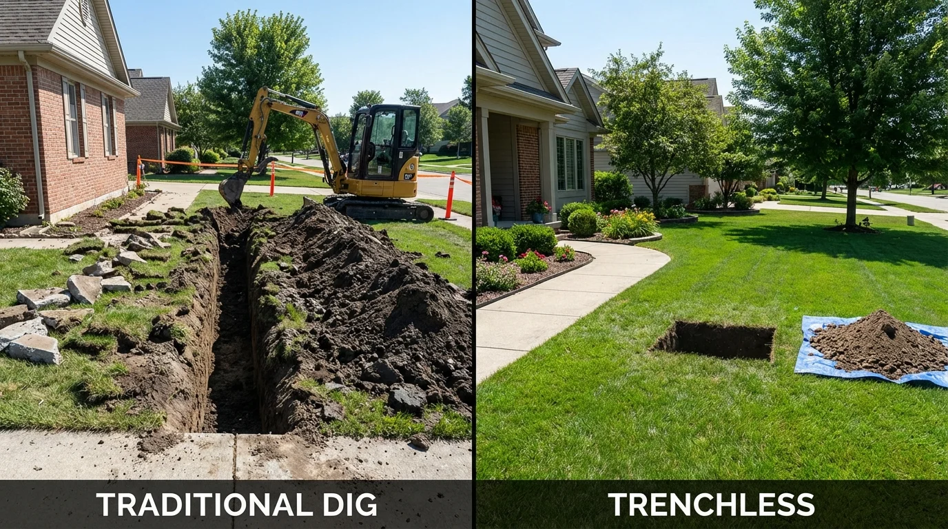 Trenchless sewer repair with minimal yard damage versus traditional excavation in Belchertown, MA