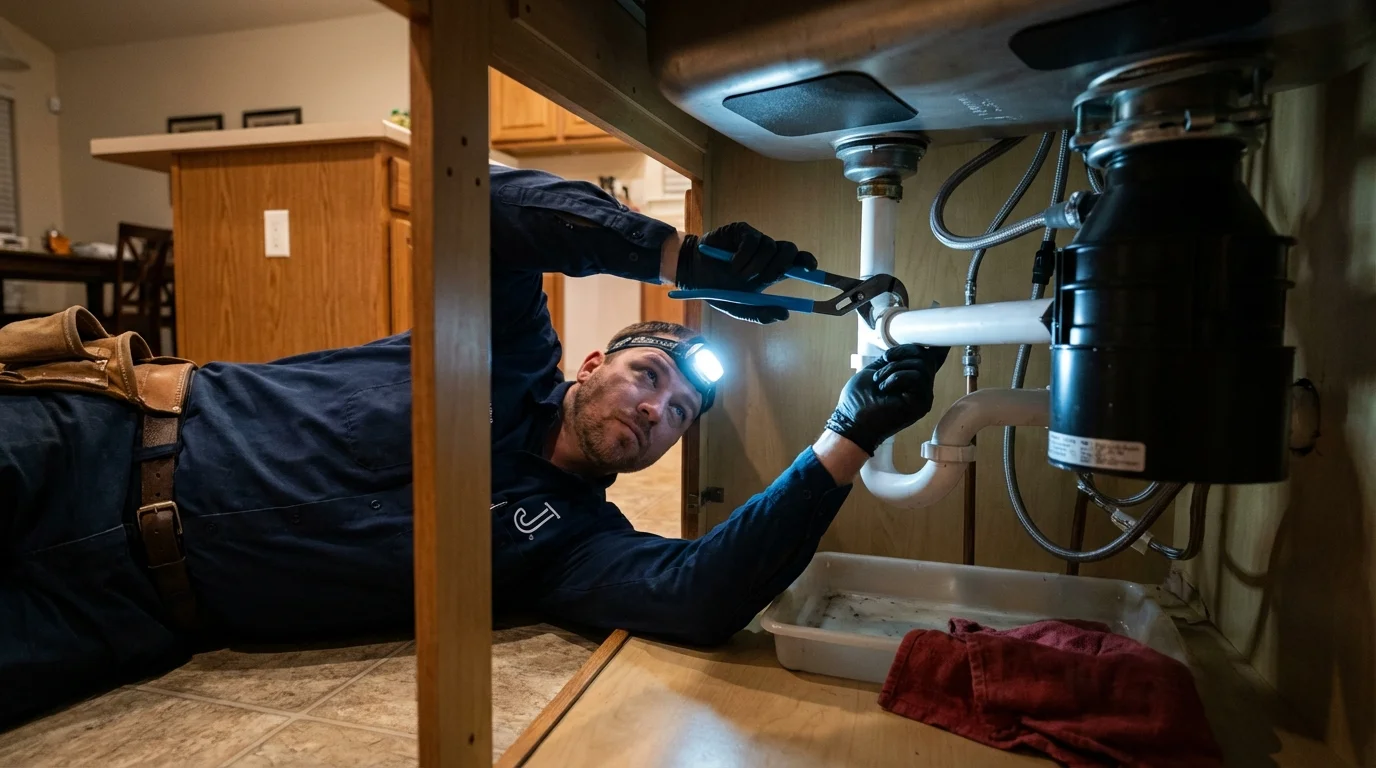 P-trap and supply line connections under a kitchen sink showing a common leak point in Belchertown, MA